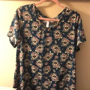 LuLaRoe XL Christy T Teal Flower Skeletons